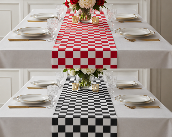 Two views of a checkered table runner shown on a white tablecloth-covered dining table with plates, glasses, and a floral centerpiece. The top view shows a red and white checker pattern, and the bottom view shows a black and white checker pattern.