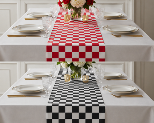 Two views of a checkered table runner shown on a white tablecloth-covered dining table with plates, glasses, and a floral centerpiece. The top view shows a red and white checker pattern, and the bottom view shows a black and white checker pattern.