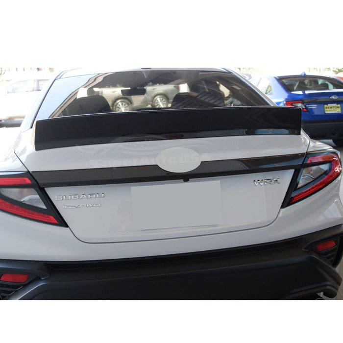 Detailed view of the Duckbill Spoiler on WRX STI 2022 2023 2024, emphasizing the precision fit and high-quality finish in Solar Orange Pearl.