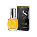 Yellow bottle of Alfaparf Milano hair product with black box on a white background