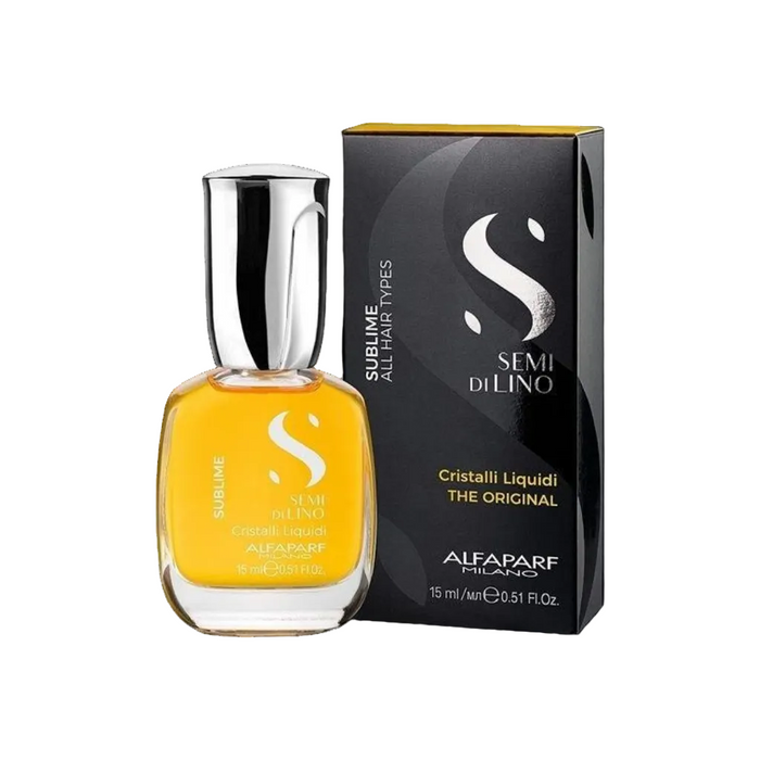 Yellow bottle of Alfaparf Milano hair product with black box on a white background