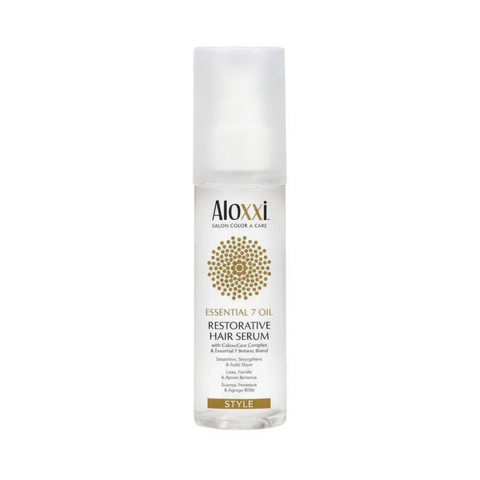 Aloxxi essential 7 oil restorative hair serum bottle on a light background