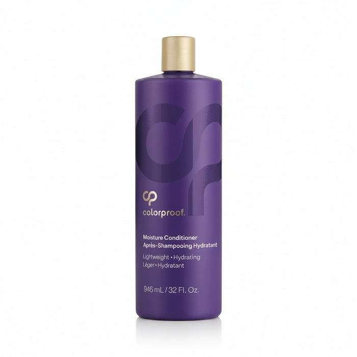 Purple conditioner bottle with gold cap on a white background