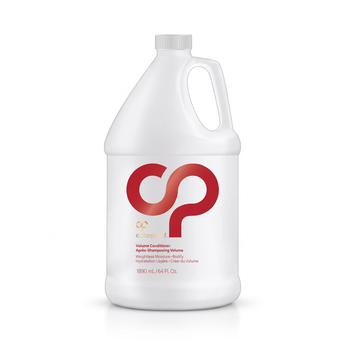 A white plastic bottle of Colorbud Volume Conditioner with a large red 'cp' logo on the front, set against a clean white background with a soft shadow.