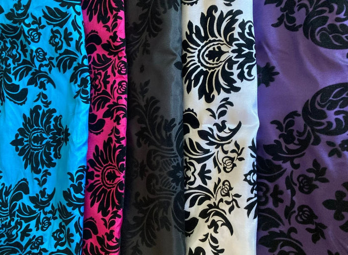 Damask Flocking Taffeta Tablecloths, Overlays & Table Drapes for Events