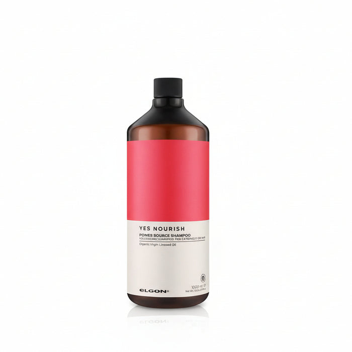 Shampoo bottle labeled 'YES NOURISH' with red label and black cap on white background