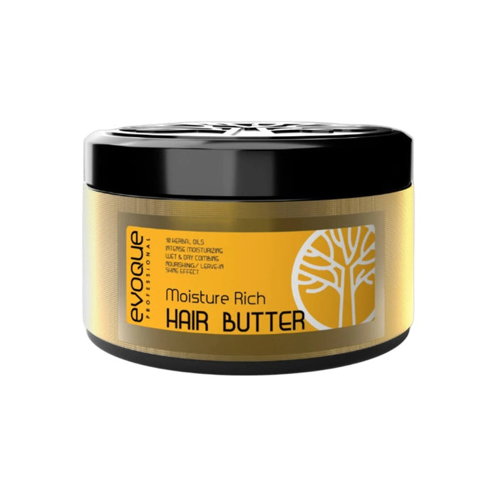 Jar of evoque moisture rich hair butter on a white background