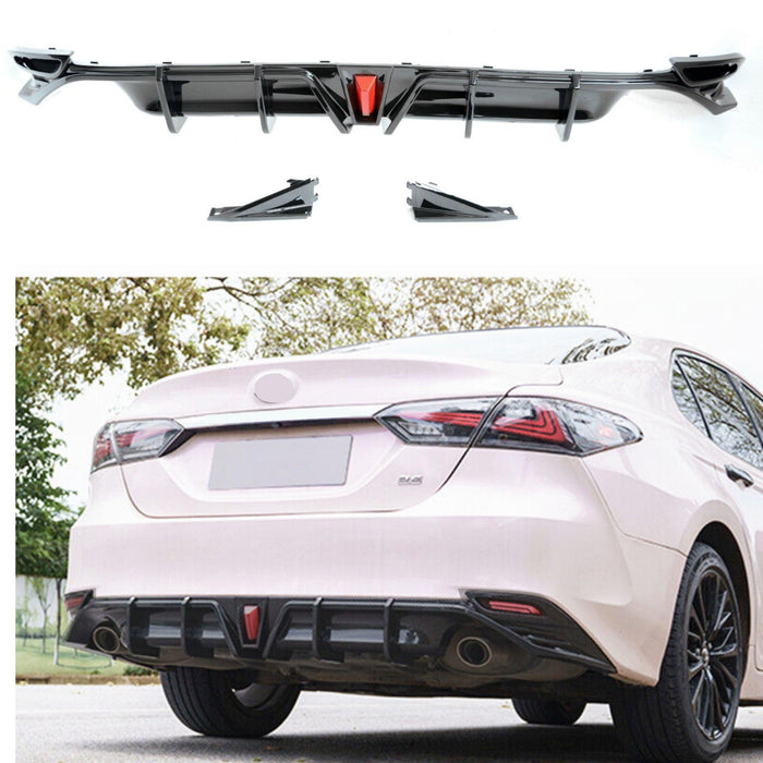 Fit For 2018-2024 Toyota Camry LE XLE Rear Bumper Lower Diffuser Spoiler with LED Light (Gloss Black)