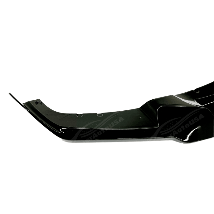 Close-up view of the Fits BMW 2012-2019 3-Series F30 M Sport with a gloss black front splitter spoiler lip, enhancing the vehicle's aerodynamic contours