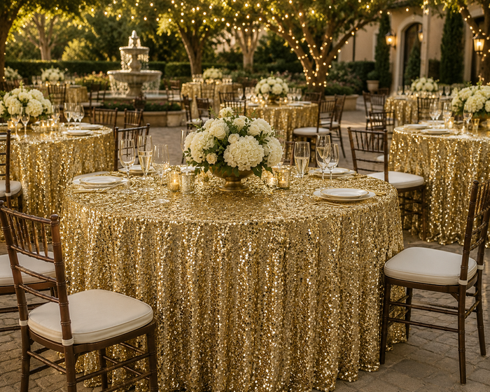 Gatsby Sequin Table Linens & Tablecloths All-Over Sewn Sequins Multiple Colors