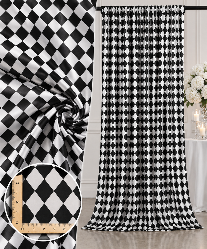 Harlequin Lamour Satin Event Drapery Panels White & Black Harlequin Curtains