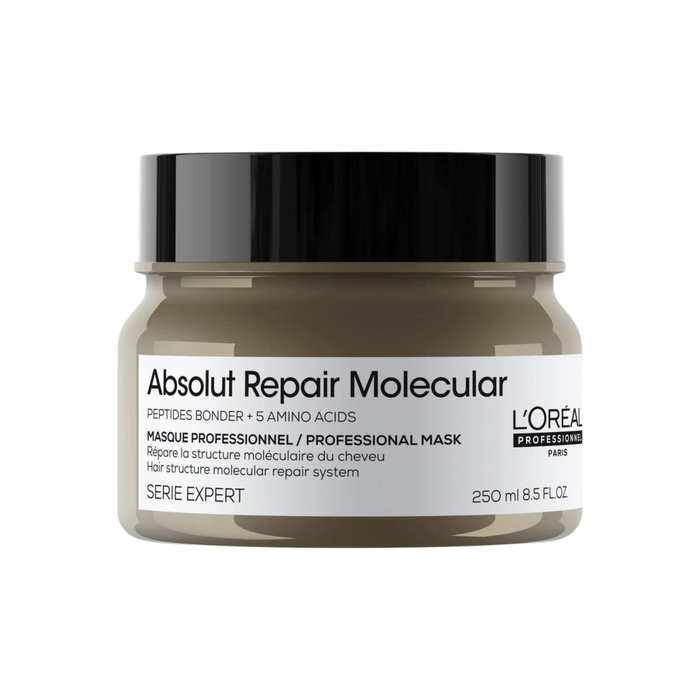 L'Oreal Professionnel Absolut Repair Molecular hair mask in a 250 ml jar with a black lid and a beige-brown translucent container, on a white background.