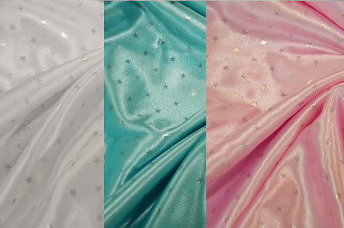 Mini Star Charmeuse Satin Event Drapery Panels | Star Satin Curtains | White, Pink, Blue |