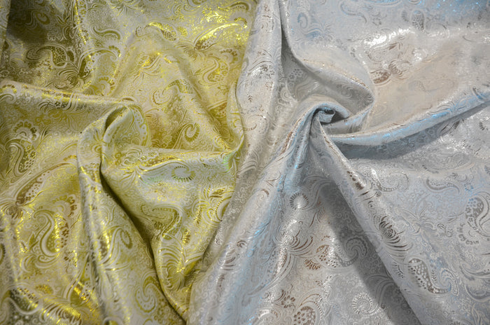 Oriental Metallic Paisley Brocade Table Linens | Silver and Gold Metallic Paisley Brocade Table Linens |