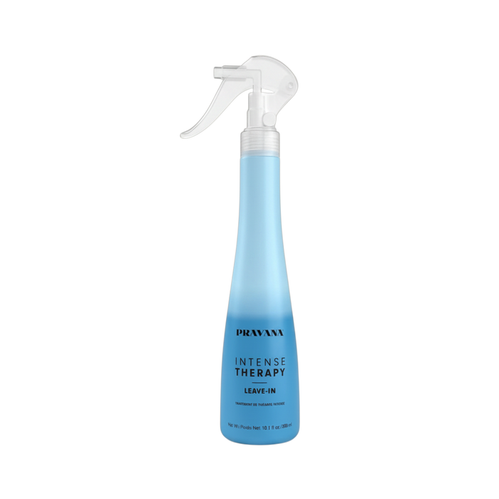 Blue spray bottle with Pravana branding on a white background