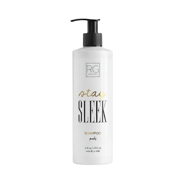 Shampoo bottle labeled 'stay SLEEK' on a white background