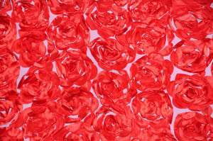 Rosette Satin Bordeaux Table Linens | Rosette Satin Flower on Mesh Background Tablecloths  | Multiple Colors |
