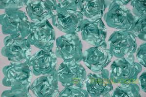 Rosette Satin Bordeaux Table Linens | Rosette Satin Flower on Mesh Background Tablecloths  | Multiple Colors |