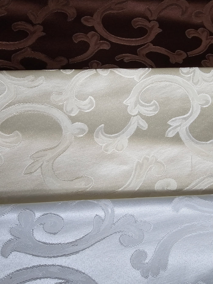 Scarlet Brocade Tablecloths | Damask Brocade Table Linens | White Ivory Brown |