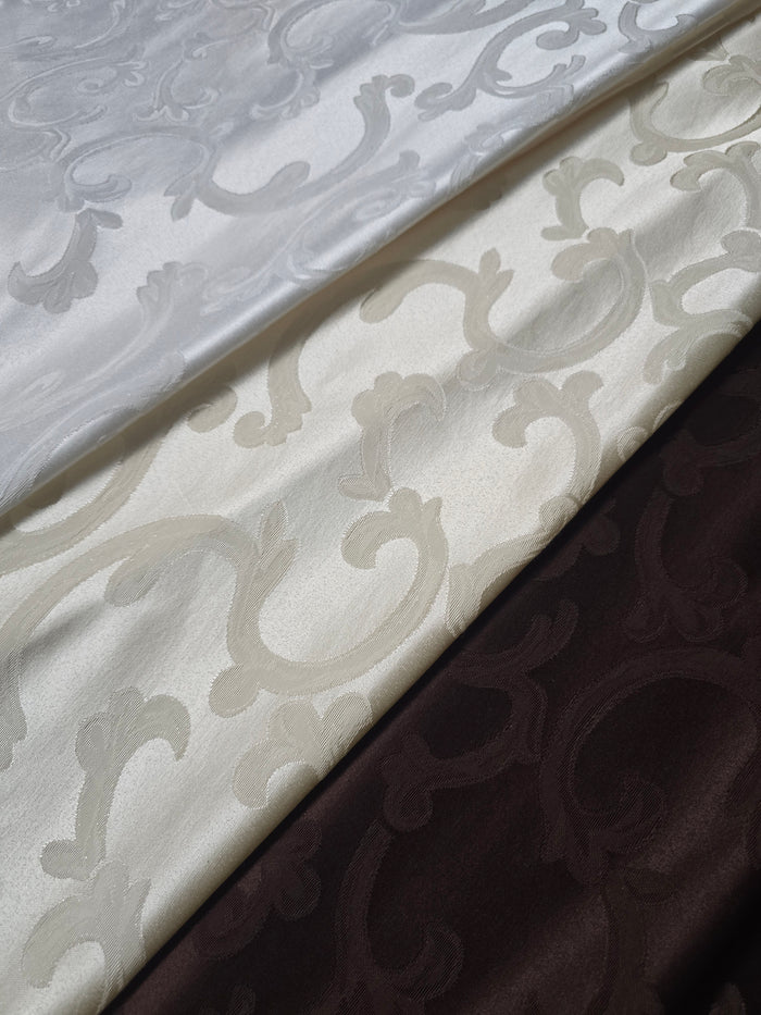 Scarlet Brocade Tablecloths | Damask Brocade Table Linens | White Ivory Brown |