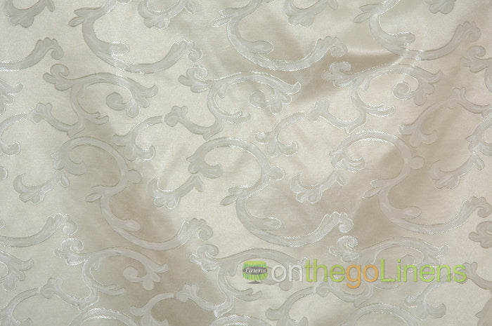 Scarlet Brocade Tablecloths | Damask Brocade Table Linens | White Ivory Brown |