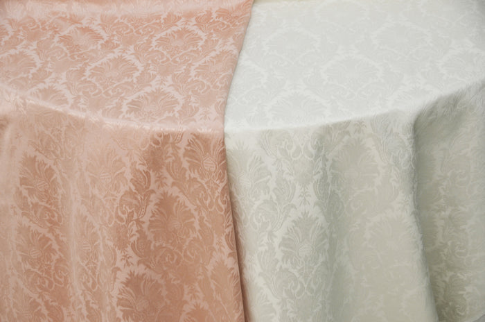 Vintage Damask Brocade Tablecloth | Cotton Look Damask Table Linens | White Ivory Blush | 100% Polyester |