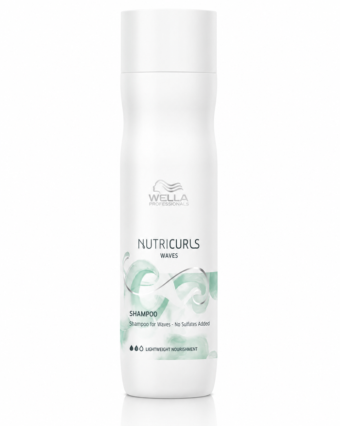 A white bottle of Wella Professionals Nutricurls Waves Shampoo on a clean white background.